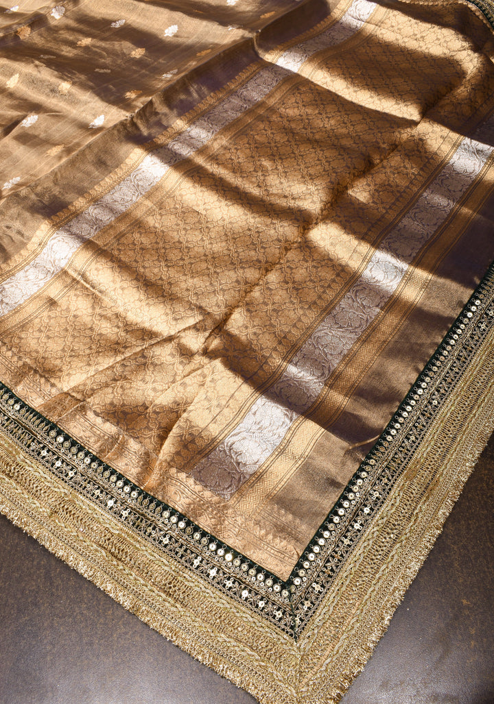 Bronze Pure Organza Silk Saree with Sona Rupa Zari Buttas and Lace Trim Border| SILK MARK CERTIFIED