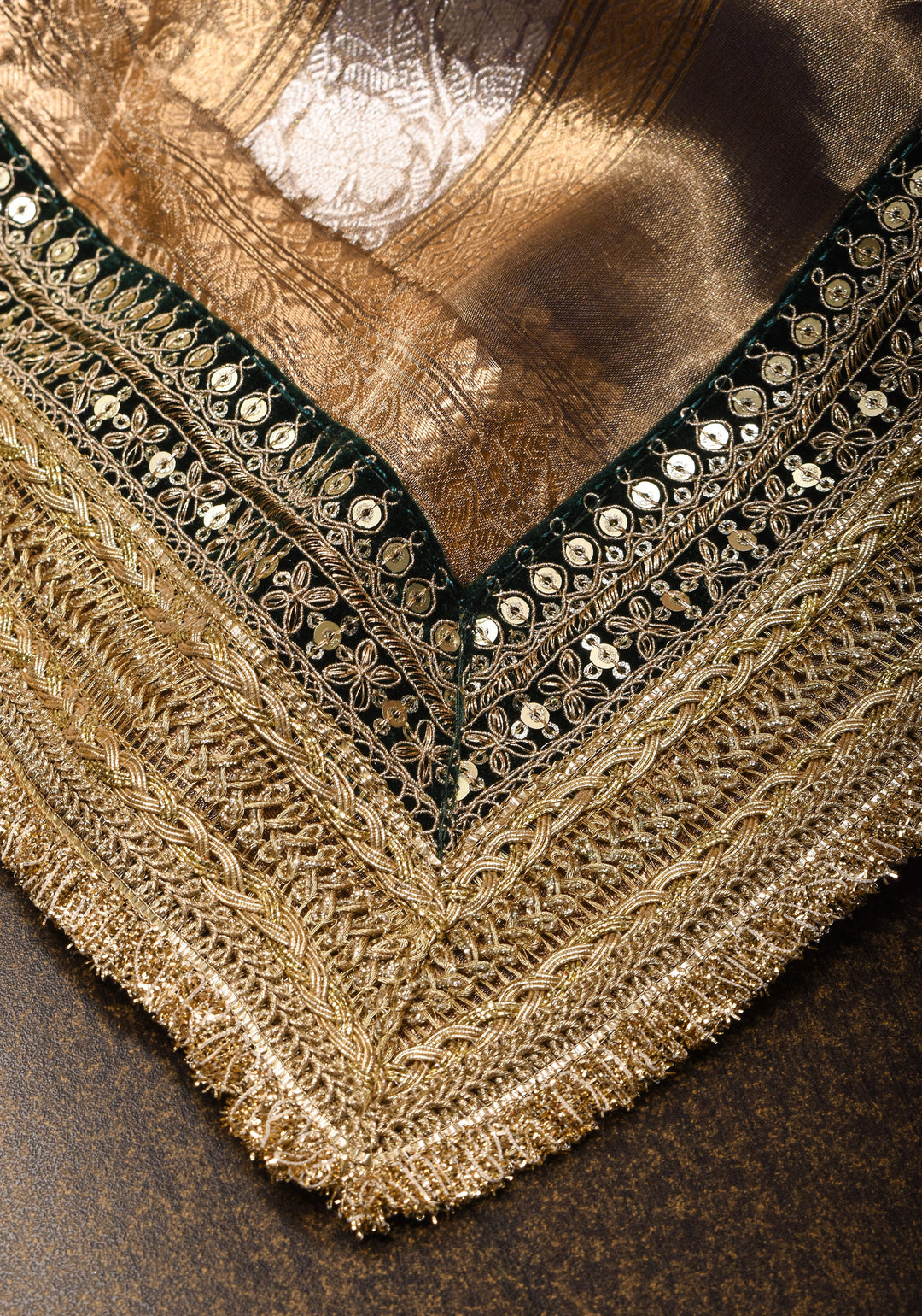 Bronze Pure Organza Silk Saree with Sona Rupa Zari Buttas and Lace Trim Border| SILK MARK CERTIFIED
