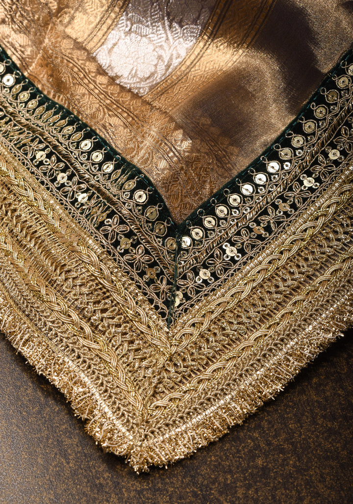 Bronze Pure Organza Silk Saree with Sona Rupa Zari Buttas and Lace Trim Border| SILK MARK CERTIFIED