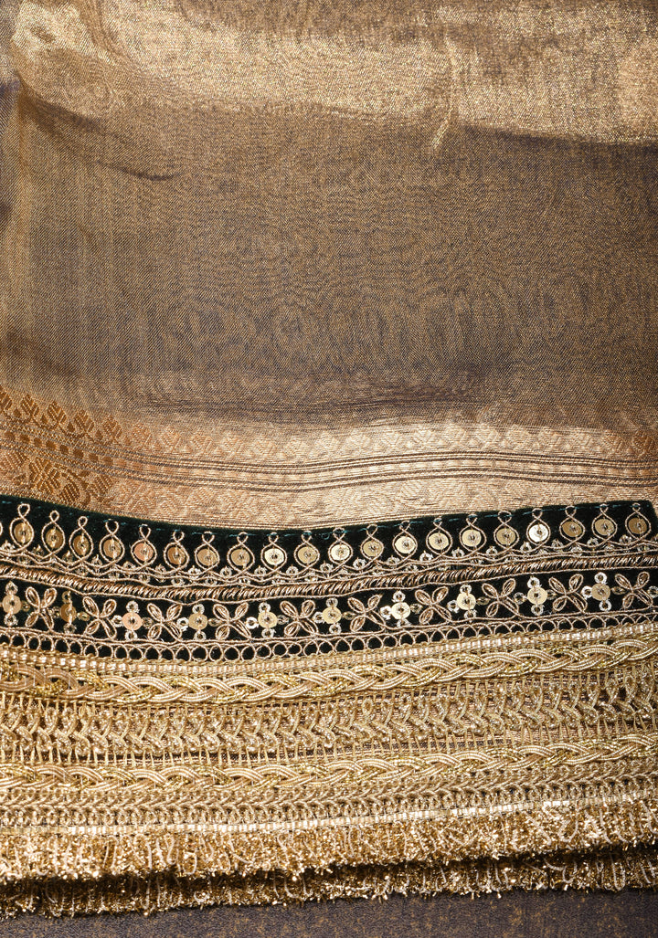 Bronze Pure Organza Silk Saree with Sona Rupa Zari Buttas and Lace Trim Border| SILK MARK CERTIFIED