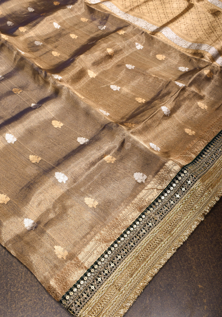 Bronze Pure Organza Silk Saree with Sona Rupa Zari Buttas and Lace Trim Border| SILK MARK CERTIFIED