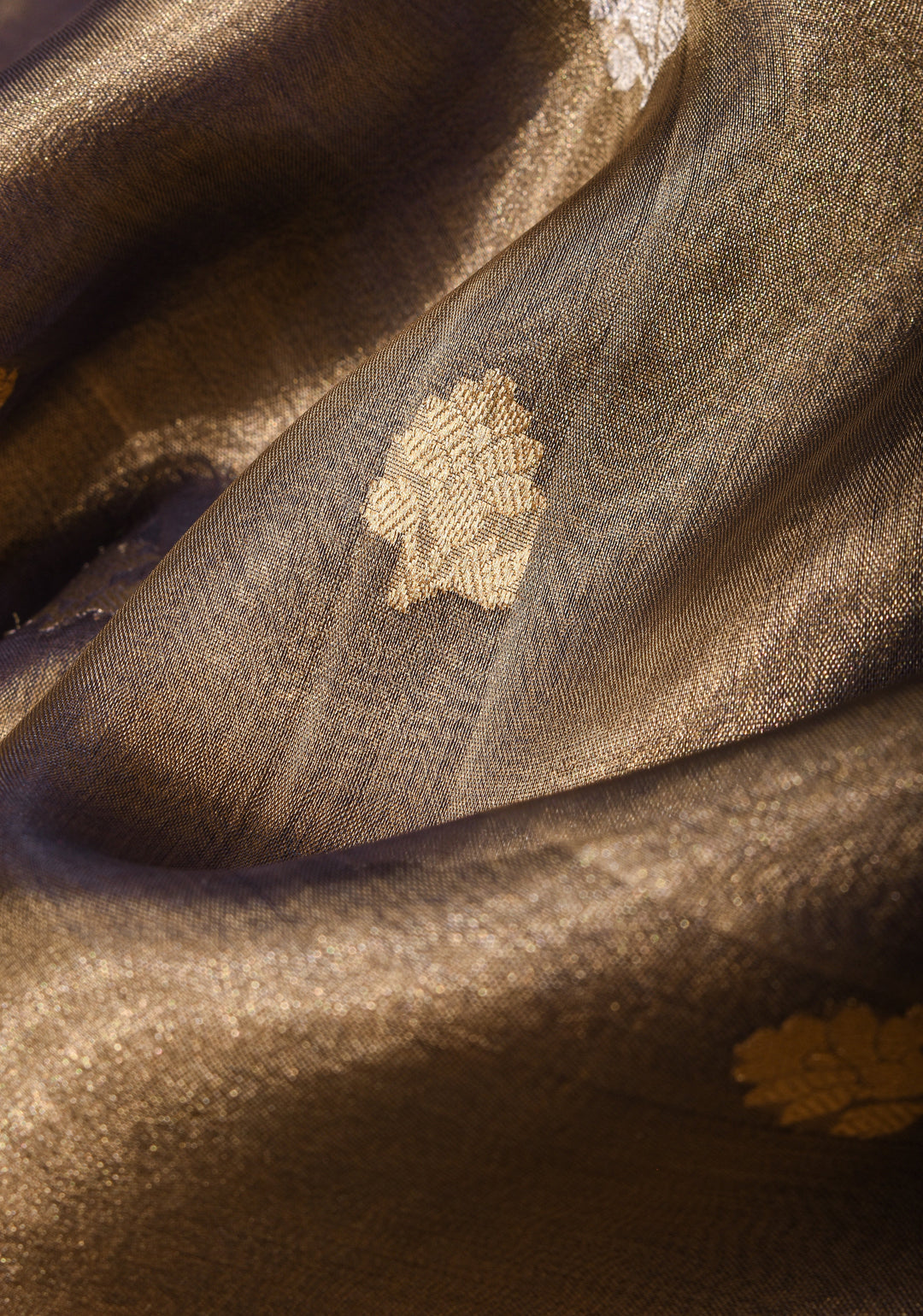 Bronze Pure Organza Silk Saree with Sona Rupa Zari Buttas and Lace Trim Border| SILK MARK CERTIFIED