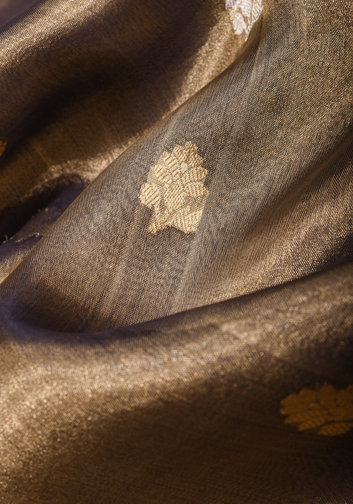 Bronze Pure Organza Silk Saree with Sona Rupa Zari Buttas and Lace Trim Border| SILK MARK CERTIFIED