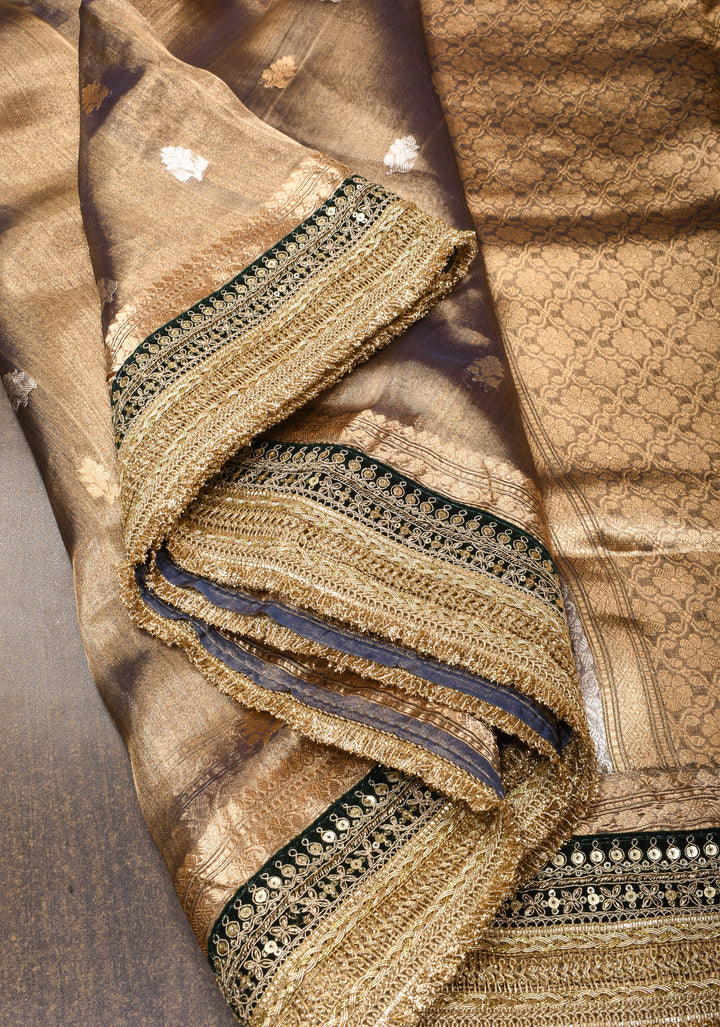 Bronze Pure Organza Silk Saree with Sona Rupa Zari Buttas and Lace Trim Border| SILK MARK CERTIFIED