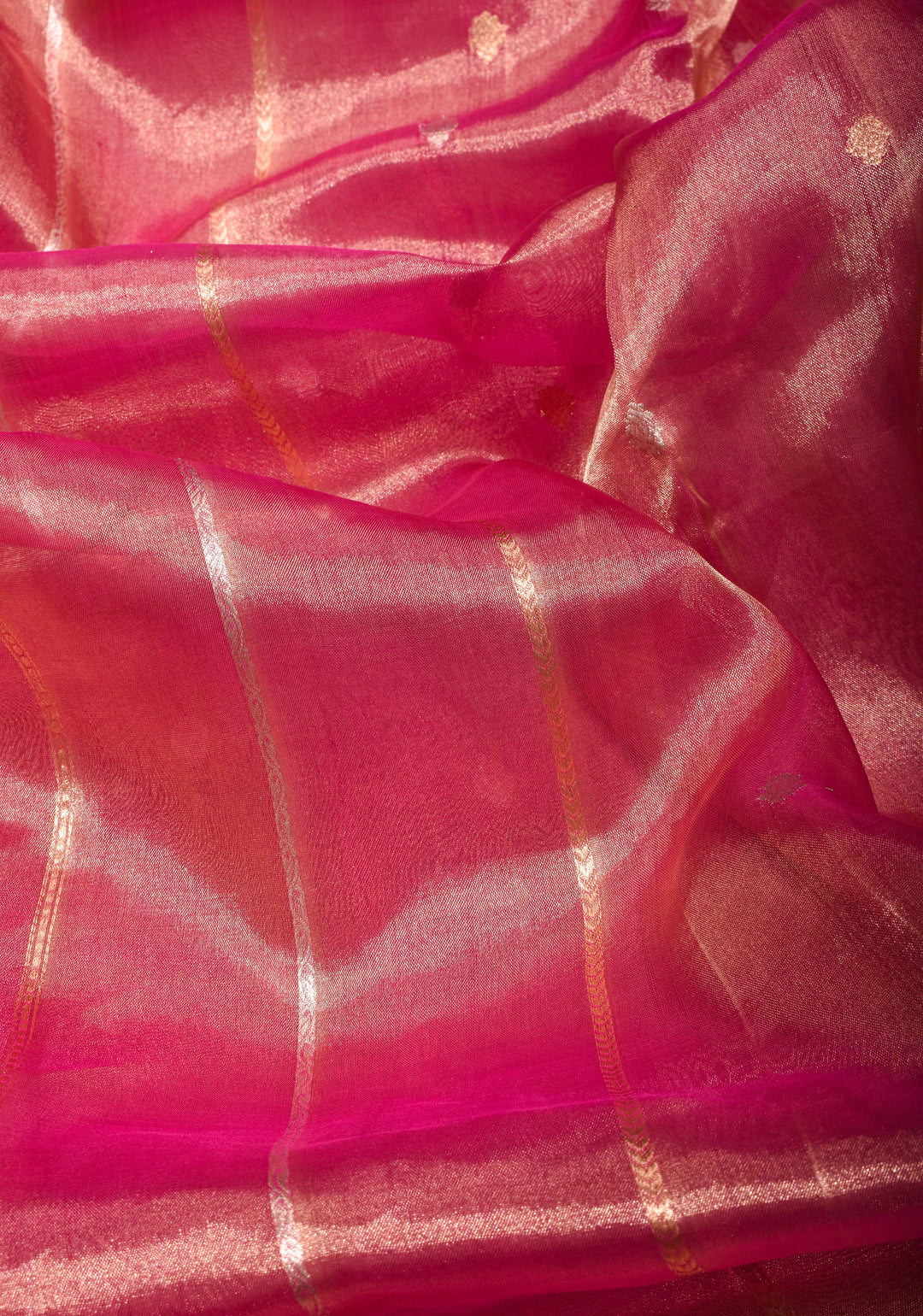 Bright Maroon Pure Tissue Organza Silk Saree with Vertical Stripes Sona Rupa Zari Buttas and Lace Trim Border | SILK MARK CERTIFIED