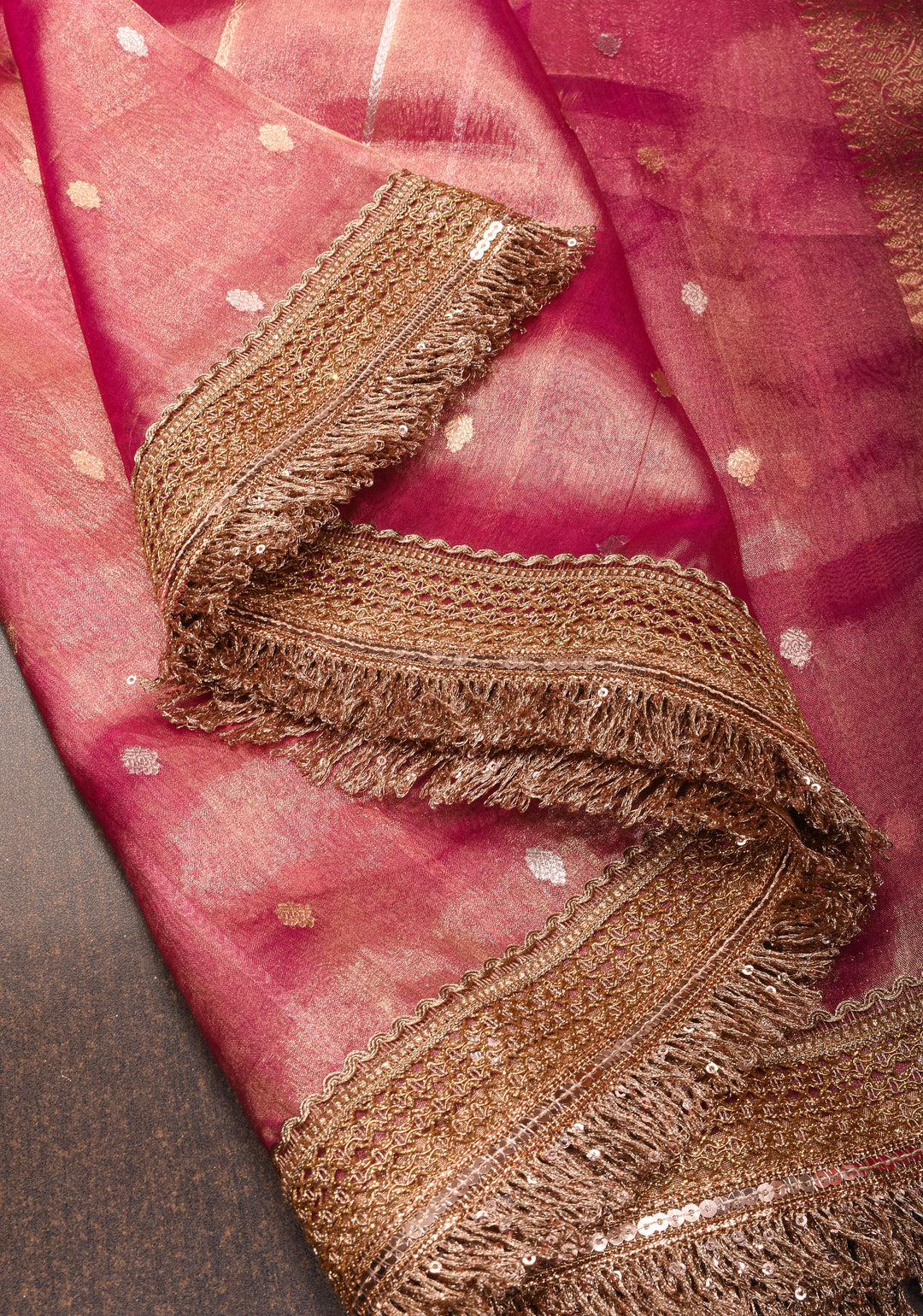 Bright Maroon Pure Tissue Organza Silk Saree with Vertical Stripes Sona Rupa Zari Buttas and Lace Trim Border | SILK MARK CERTIFIED
