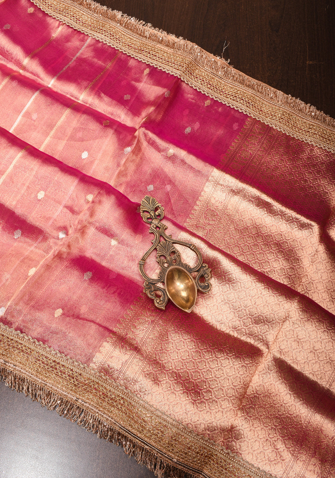 Bright Maroon Pure Tissue Organza Silk Saree with Vertical Stripes Sona Rupa Zari Buttas and Lace Trim Border | SILK MARK CERTIFIED