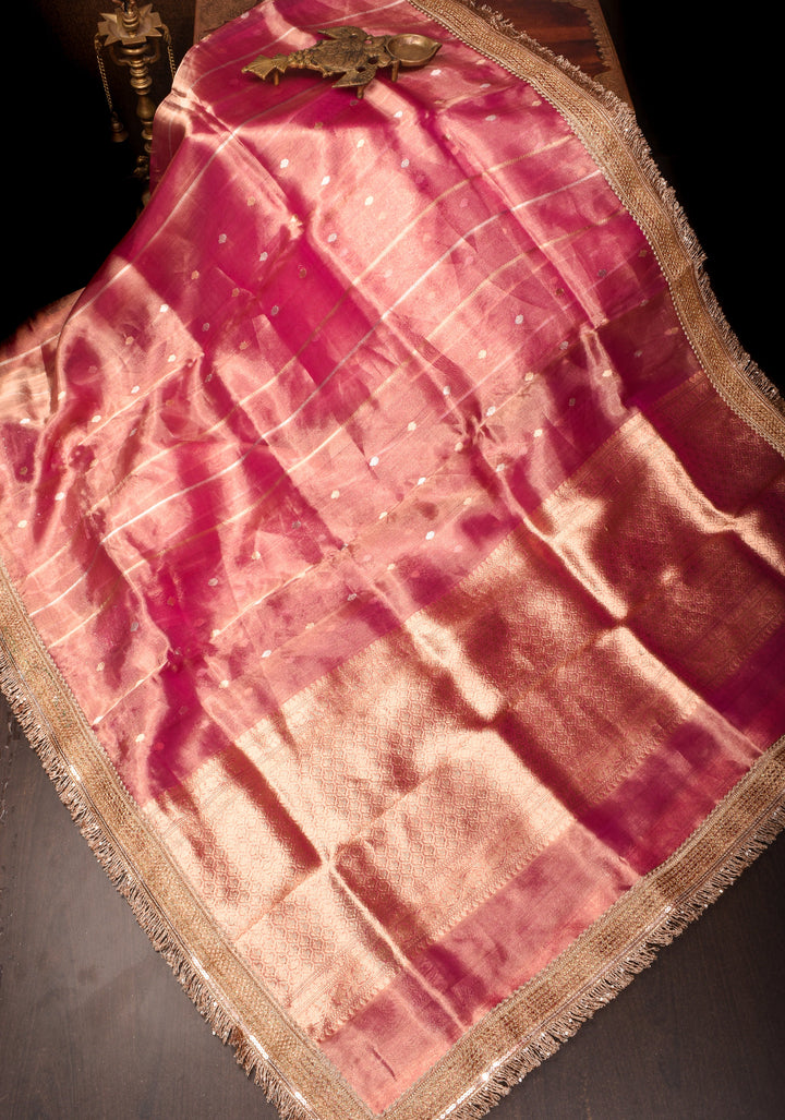 Bright Maroon Pure Tissue Organza Silk Saree with Vertical Stripes Sona Rupa Zari Buttas and Lace Trim Border | SILK MARK CERTIFIED
