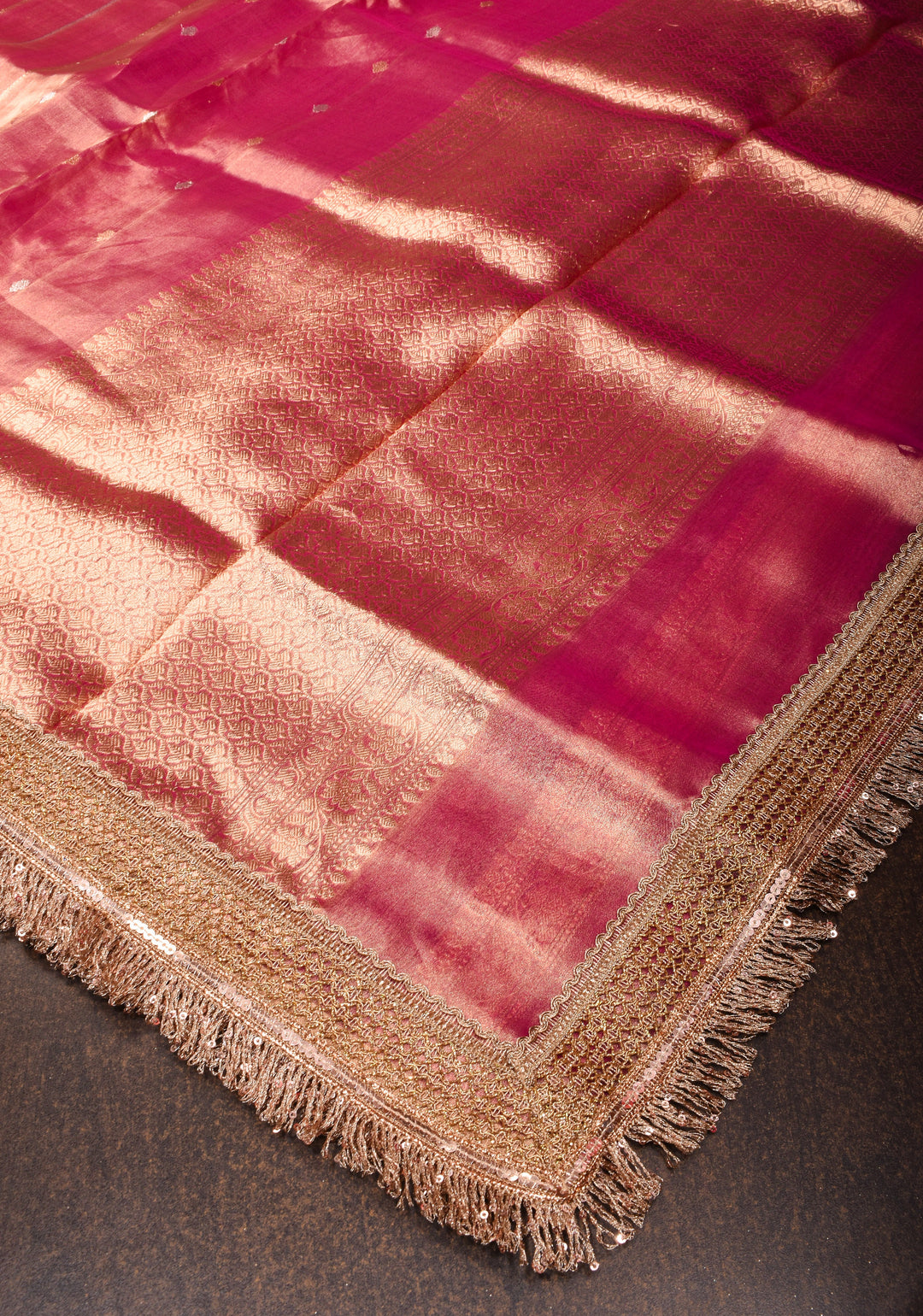 Bright Maroon Pure Tissue Organza Silk Saree with Vertical Stripes Sona Rupa Zari Buttas and Lace Trim Border | SILK MARK CERTIFIED