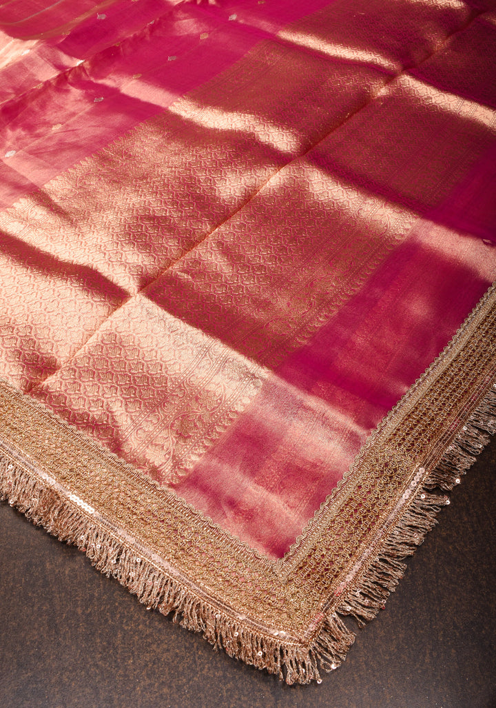 Bright Maroon Pure Tissue Organza Silk Saree with Vertical Stripes Sona Rupa Zari Buttas and Lace Trim Border | SILK MARK CERTIFIED