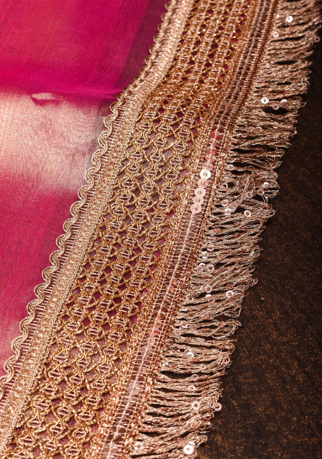Bright Maroon Pure Tissue Organza Silk Saree with Vertical Stripes Sona Rupa Zari Buttas and Lace Trim Border | SILK MARK CERTIFIED