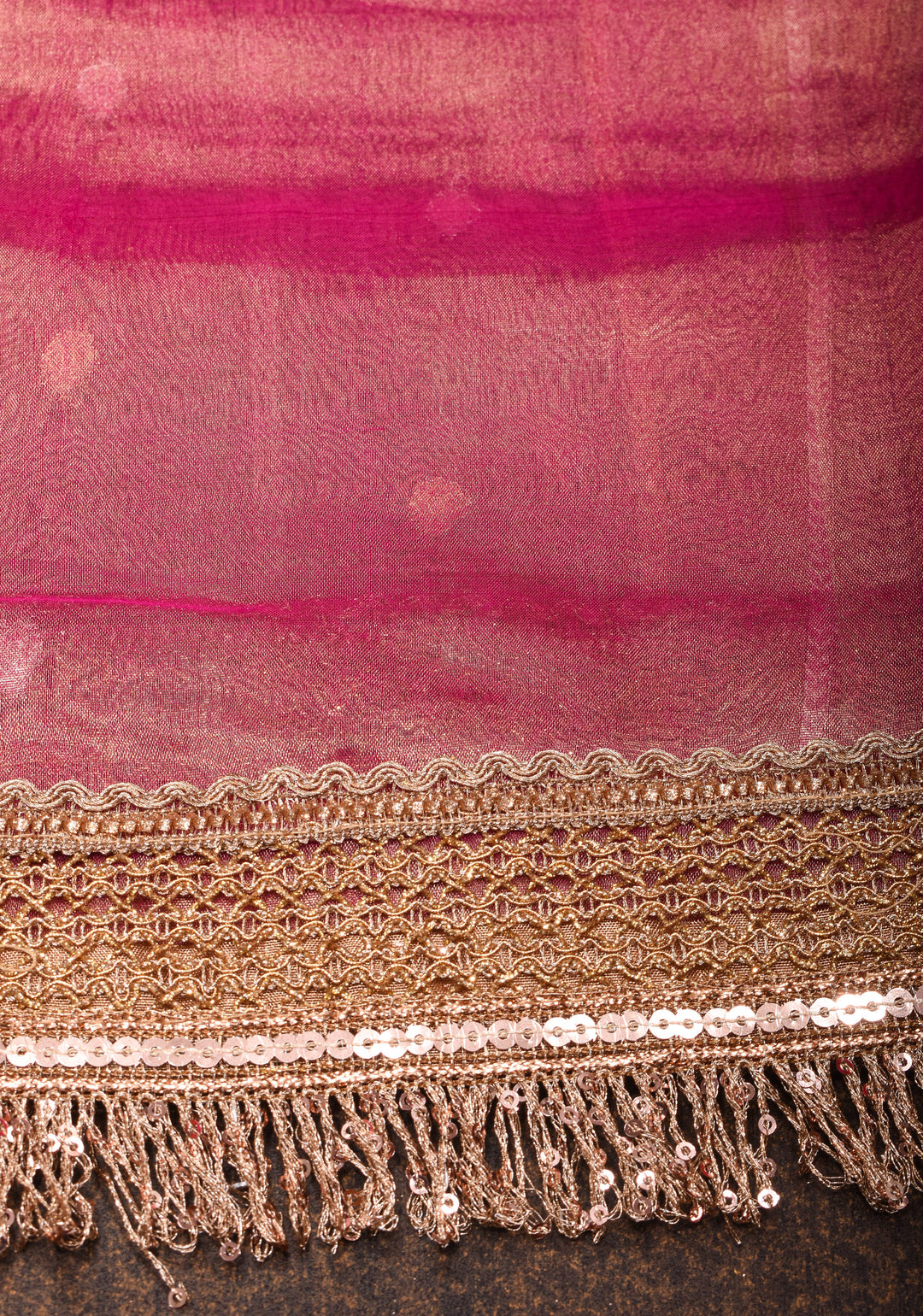 Bright Maroon Pure Tissue Organza Silk Saree with Vertical Stripes Sona Rupa Zari Buttas and Lace Trim Border | SILK MARK CERTIFIED