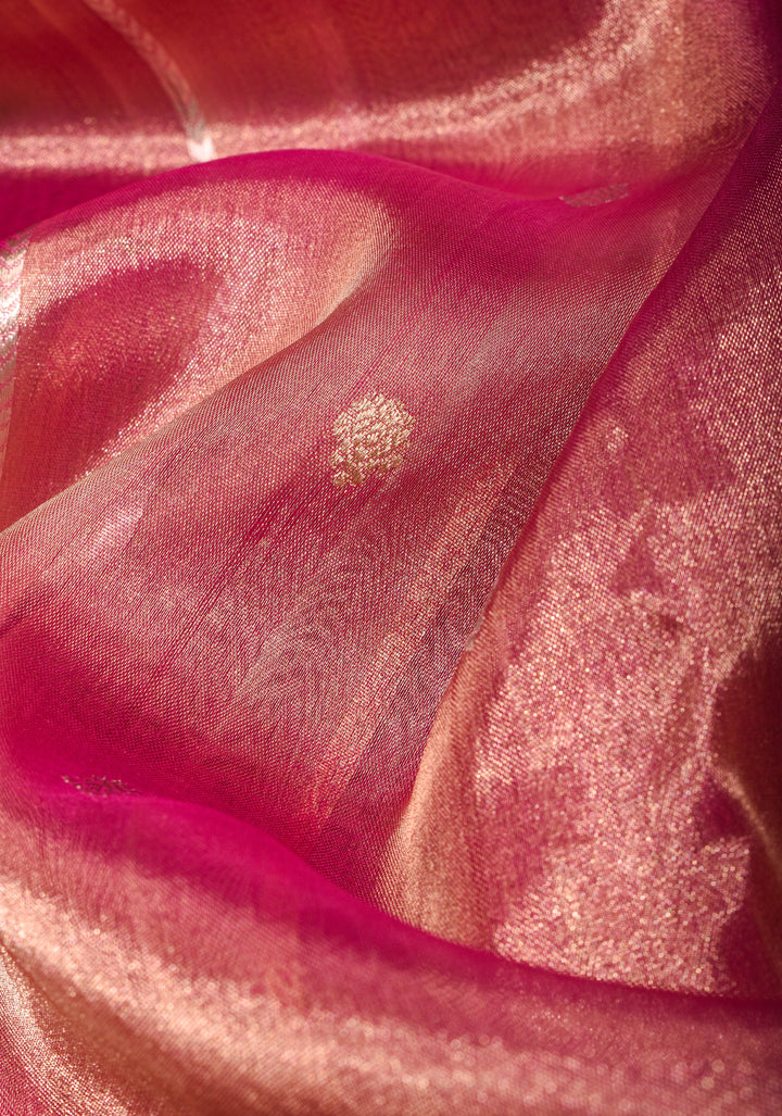 Bright Maroon Pure Tissue Organza Silk Saree with Vertical Stripes Sona Rupa Zari Buttas and Lace Trim Border | SILK MARK CERTIFIED