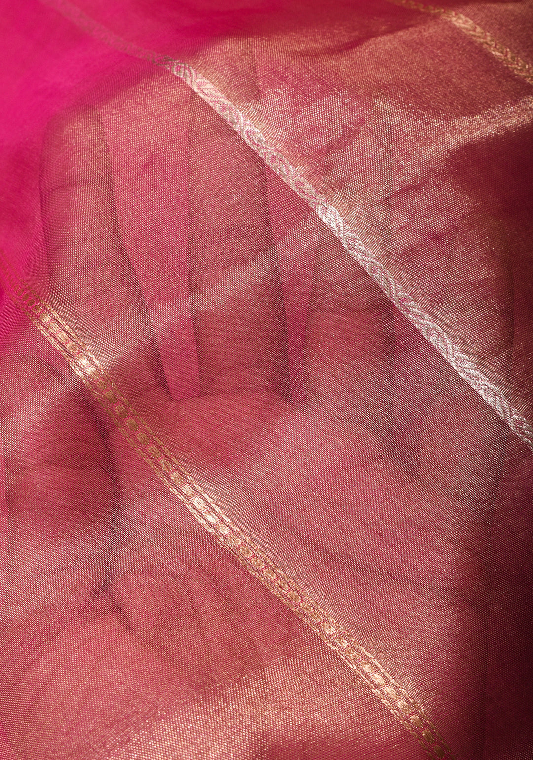 Bright Maroon Pure Tissue Organza Silk Saree with Vertical Stripes Sona Rupa Zari Buttas and Lace Trim Border | SILK MARK CERTIFIED