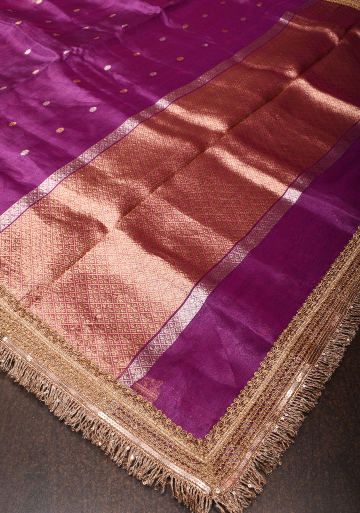 Purple Pure Organza Silk Saree with Sona Rupa Zari Buttas and Lace Trim Border| SILK MARK CERTIFIED