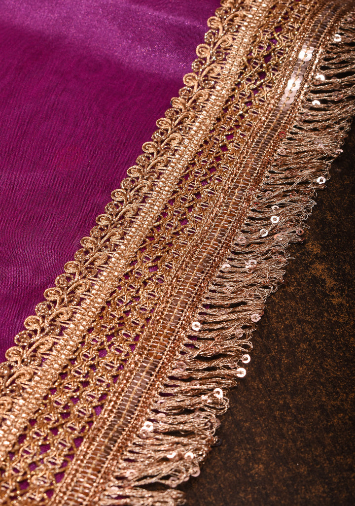 Purple Pure Organza Silk Saree with Sona Rupa Zari Buttas and Lace Trim Border| SILK MARK CERTIFIED