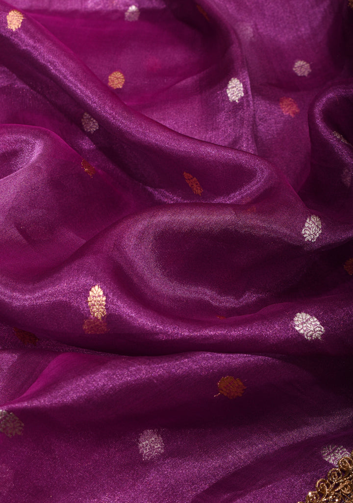Purple Pure Organza Silk Saree with Sona Rupa Zari Buttas and Lace Trim Border| SILK MARK CERTIFIED