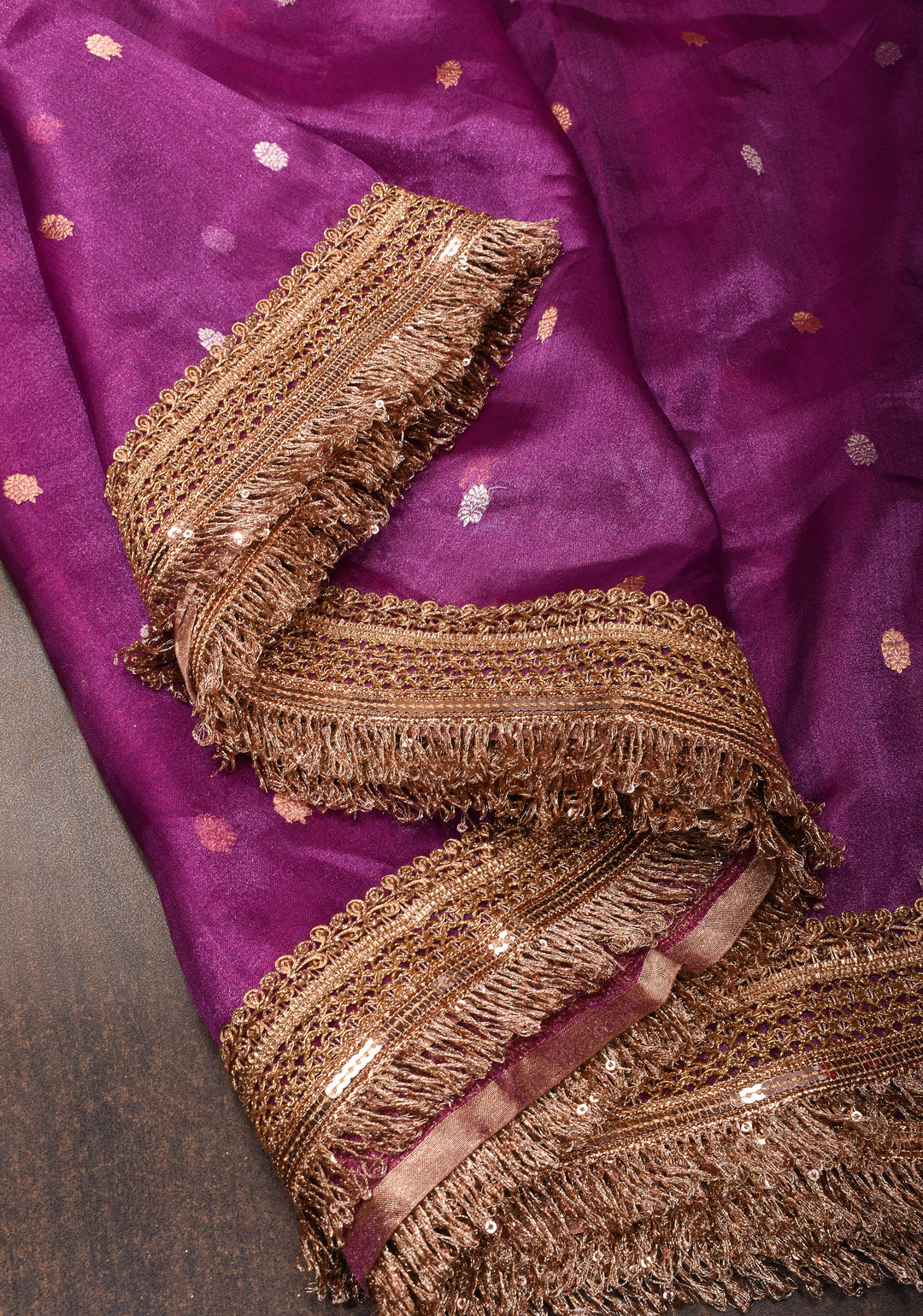 Purple Pure Organza Silk Saree with Sona Rupa Zari Buttas and Lace Trim Border| SILK MARK CERTIFIED