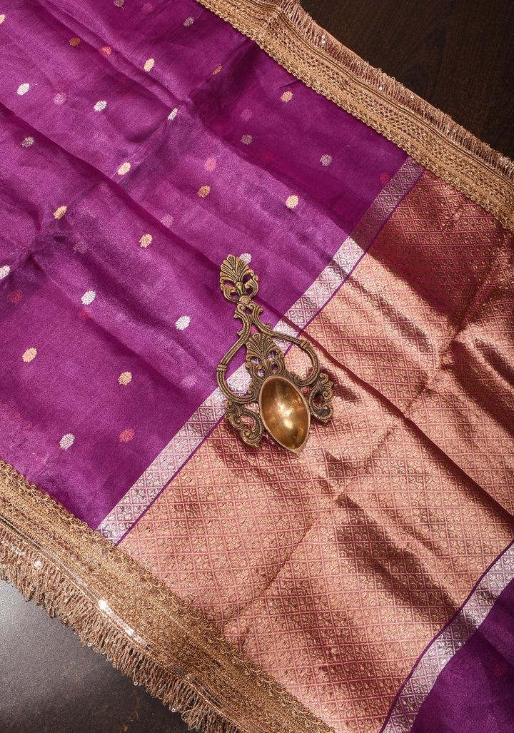 Purple Pure Organza Silk Saree with Sona Rupa Zari Buttas and Lace Trim Border| SILK MARK CERTIFIED