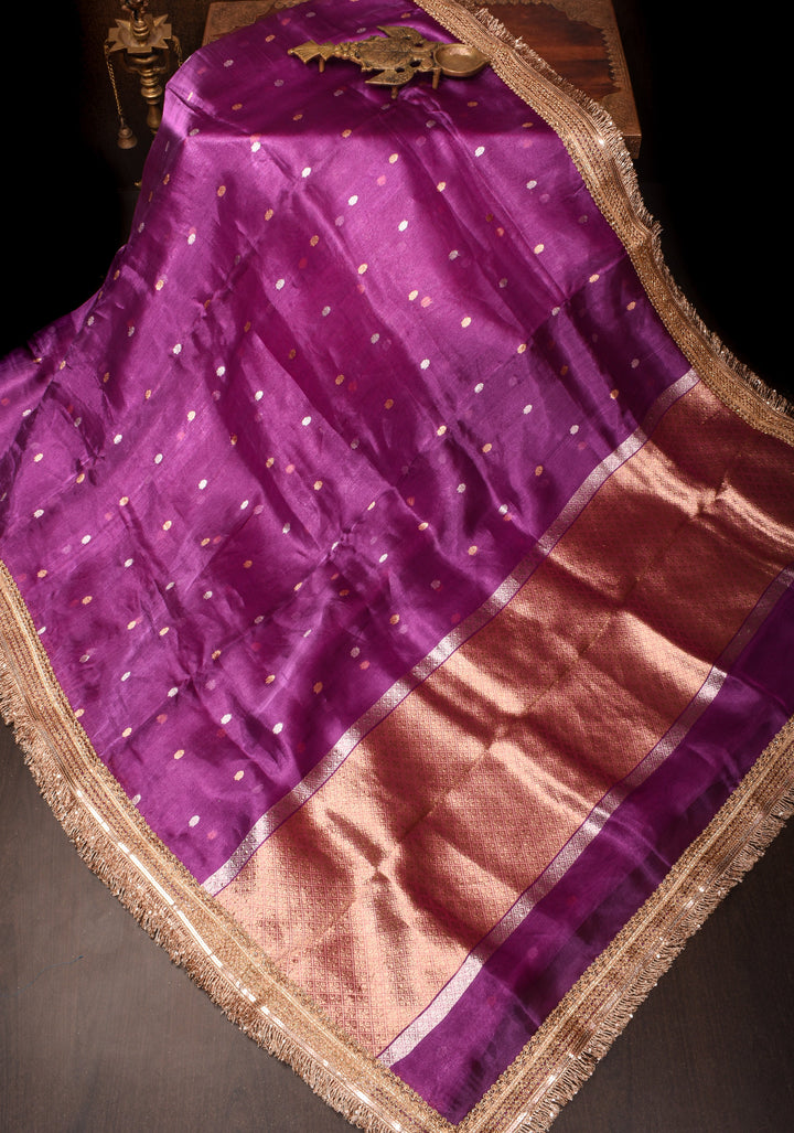 Purple Pure Organza Silk Saree with Sona Rupa Zari Buttas and Lace Trim Border| SILK MARK CERTIFIED