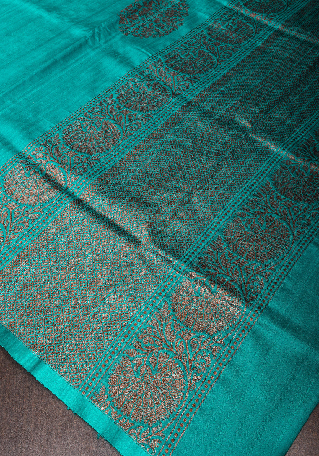 Turquoise Pure Banarasi Raw Silk Saree with Damask Zari Buttas and Ornate Zari Border| SILK MARK CERTIFIED
