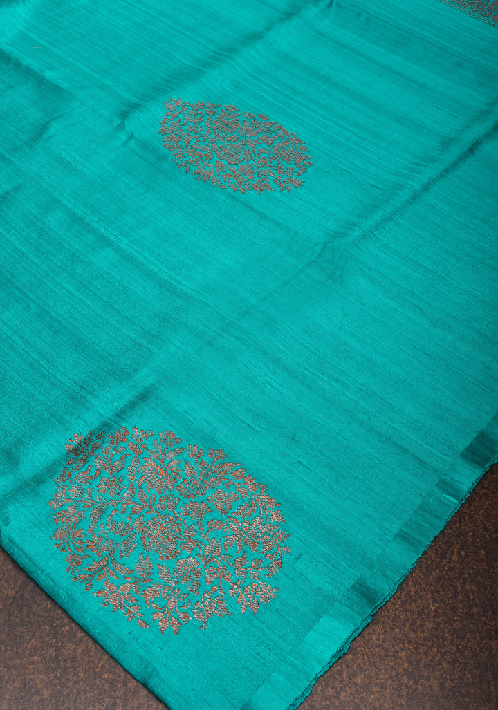 Turquoise Pure Banarasi Raw Silk Saree with Damask Zari Buttas and Ornate Zari Border| SILK MARK CERTIFIED