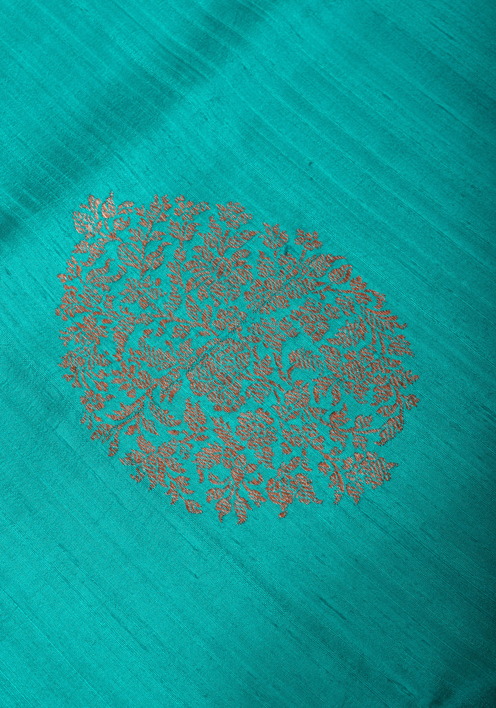 Turquoise Pure Banarasi Raw Silk Saree with Damask Zari Buttas and Ornate Zari Border| SILK MARK CERTIFIED