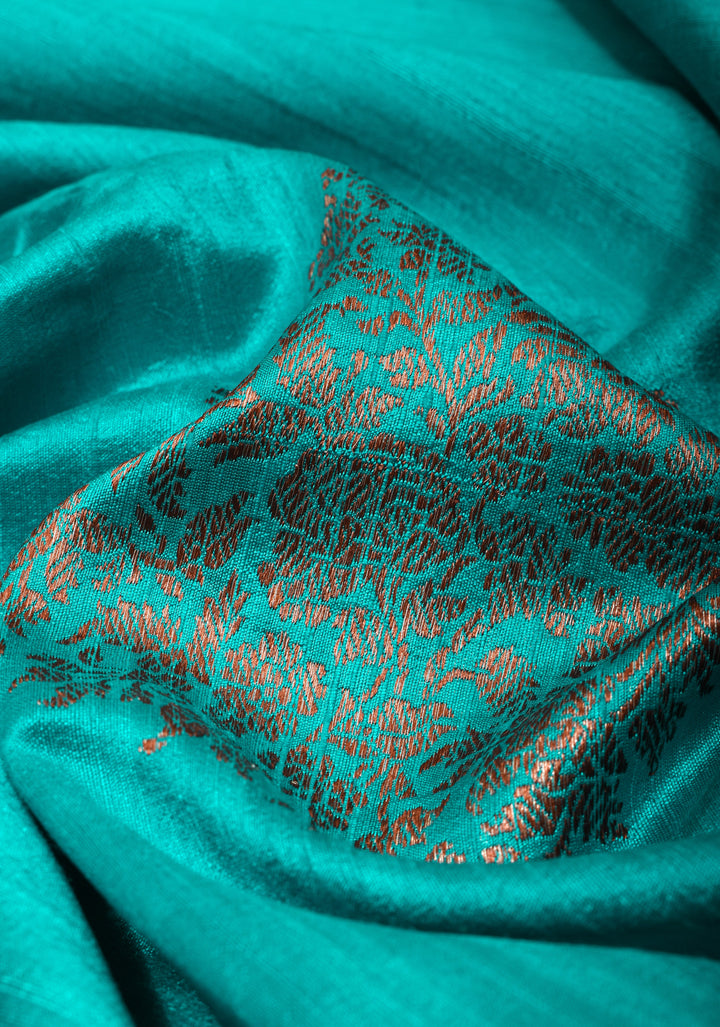 Turquoise Pure Banarasi Raw Silk Saree with Damask Zari Buttas and Ornate Zari Border| SILK MARK CERTIFIED