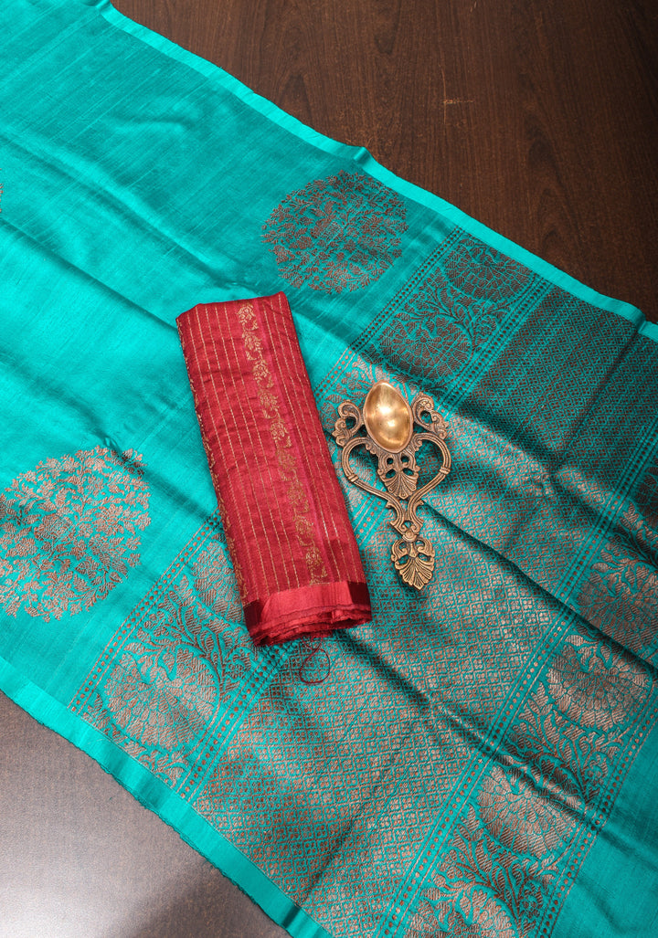 Turquoise Pure Banarasi Raw Silk Saree with Damask Zari Buttas and Ornate Zari Border| SILK MARK CERTIFIED