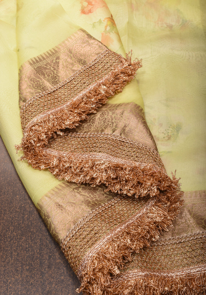 Pure Organza Silk Saree with Floral Digital Print In Lime Yellow and Lace Trim Border | SILK MARK CERTIFIED