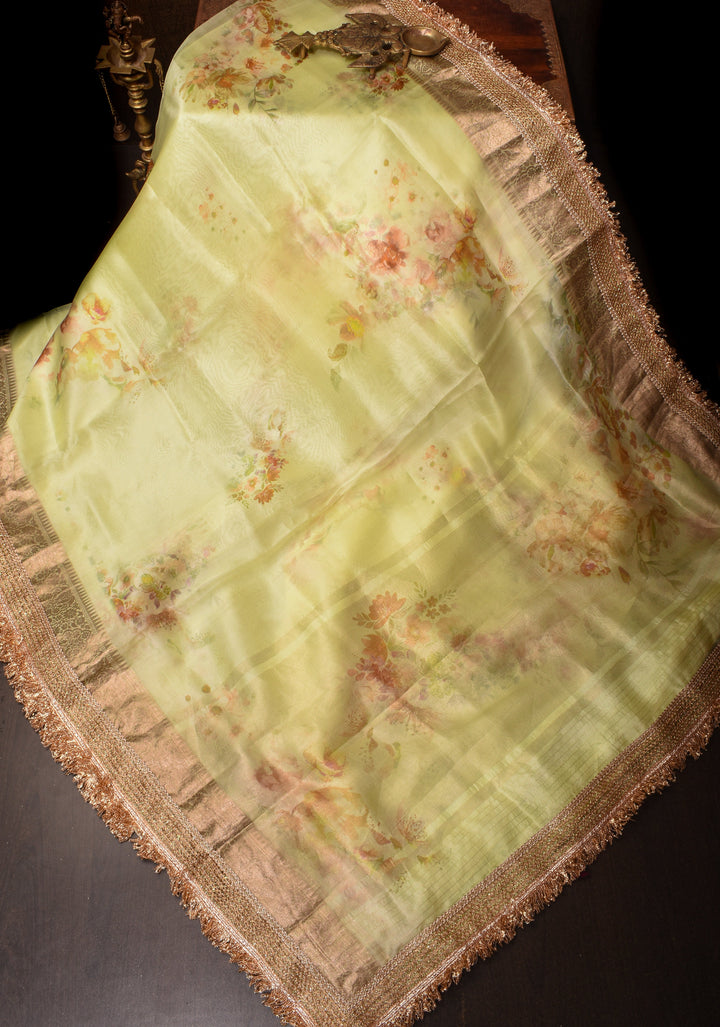 Pure Organza Silk Saree with Floral Digital Print In Lime Yellow and Lace Trim Border | SILK MARK CERTIFIED