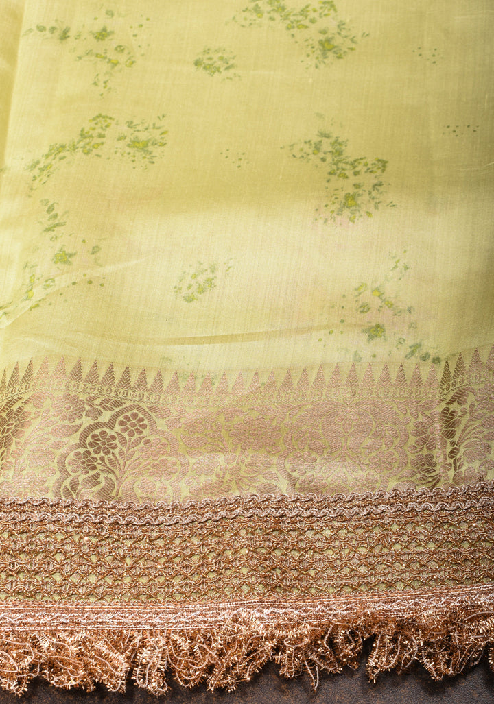 Pure Organza Silk Saree with Floral Digital Print In Lime Yellow and Lace Trim Border | SILK MARK CERTIFIED