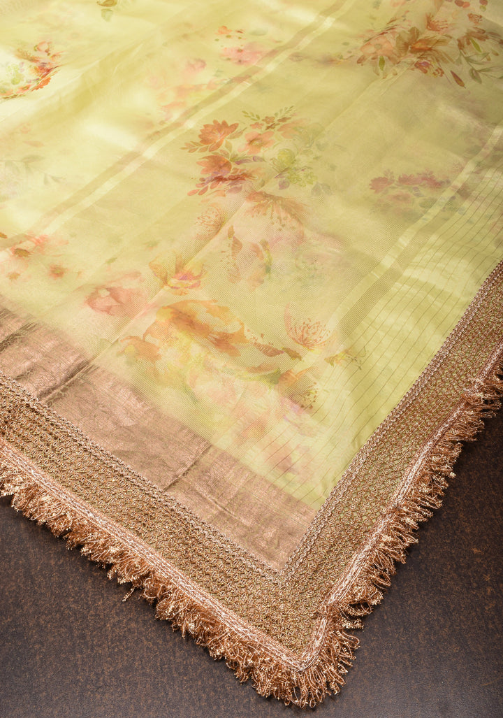 Pure Organza Silk Saree with Floral Digital Print In Lime Yellow and Lace Trim Border | SILK MARK CERTIFIED