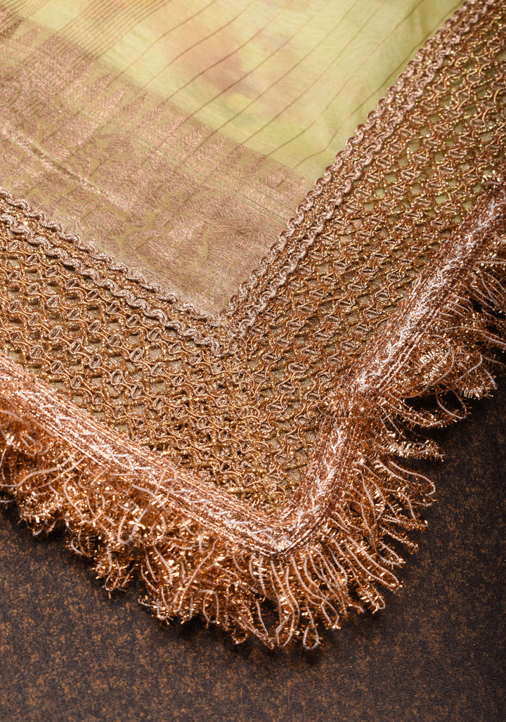 Pure Organza Silk Saree with Floral Digital Print In Lime Yellow and Lace Trim Border | SILK MARK CERTIFIED