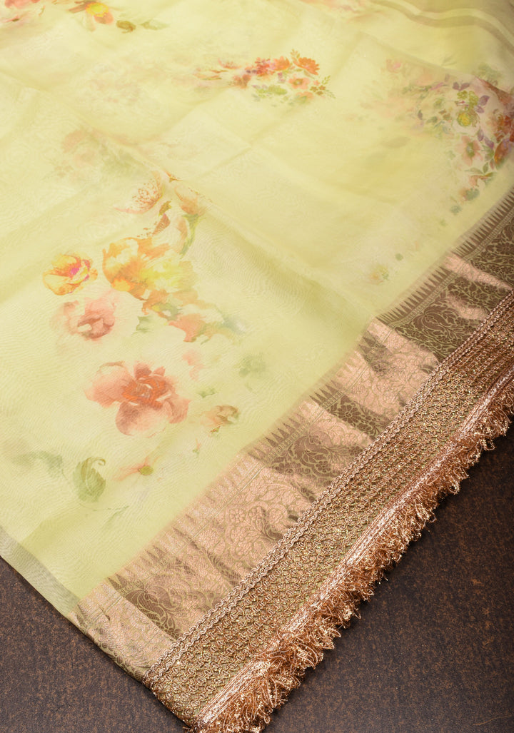 Pure Organza Silk Saree with Floral Digital Print In Lime Yellow and Lace Trim Border | SILK MARK CERTIFIED