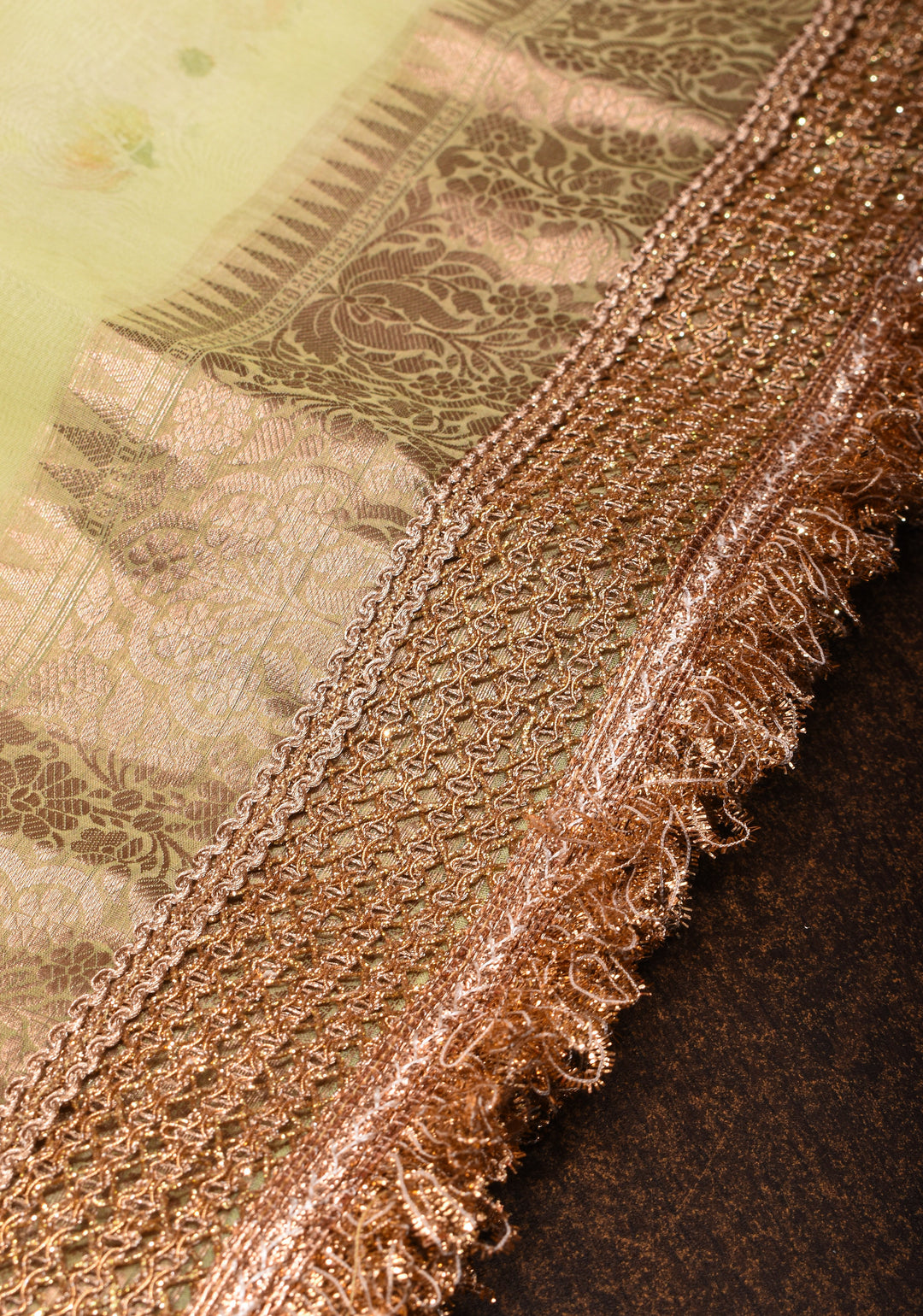 Pure Organza Silk Saree with Floral Digital Print In Lime Yellow and Lace Trim Border | SILK MARK CERTIFIED
