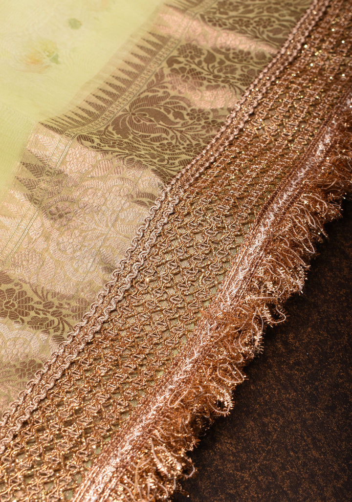 Pure Organza Silk Saree with Floral Digital Print In Lime Yellow and Lace Trim Border | SILK MARK CERTIFIED