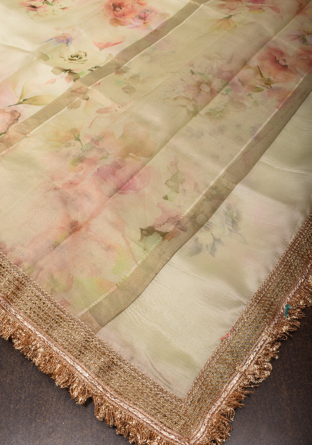 Pure Organza Silk Saree in Off-White with Floral Digital Print and Lace Trim Border | SILK MARK CERTIFIED