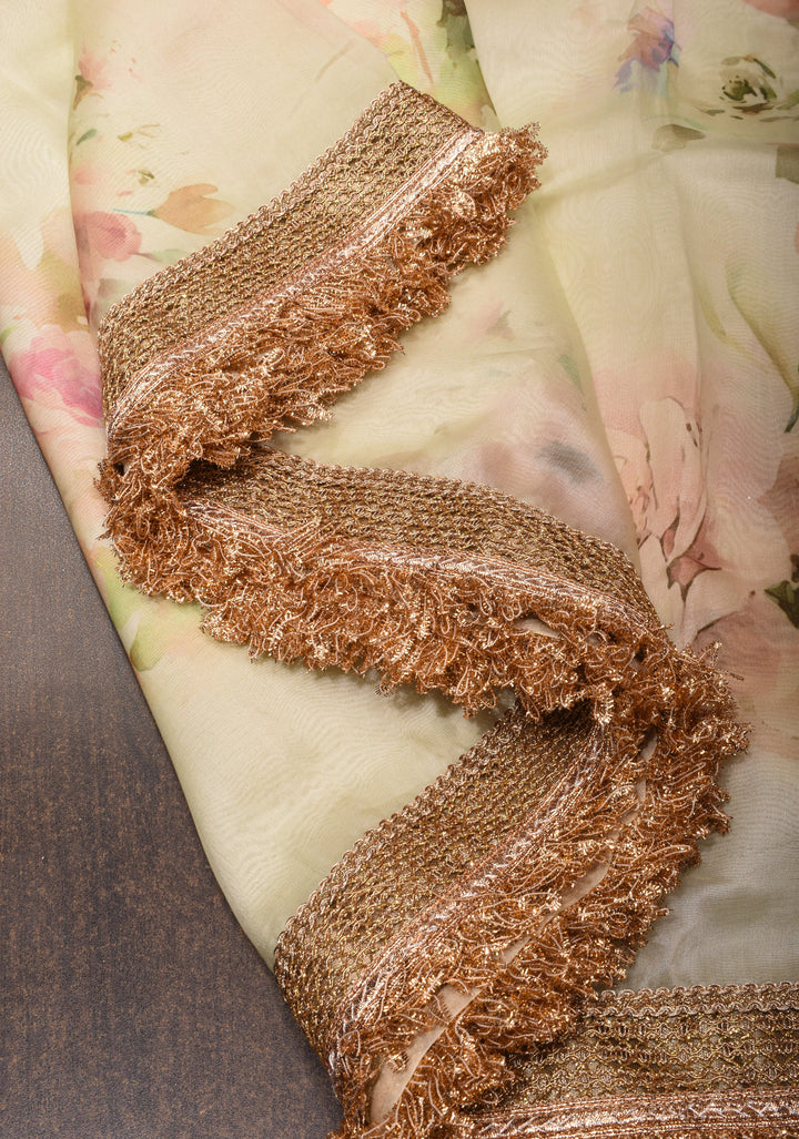 Pure Organza Silk Saree in Off-White with Floral Digital Print and Lace Trim Border | SILK MARK CERTIFIED