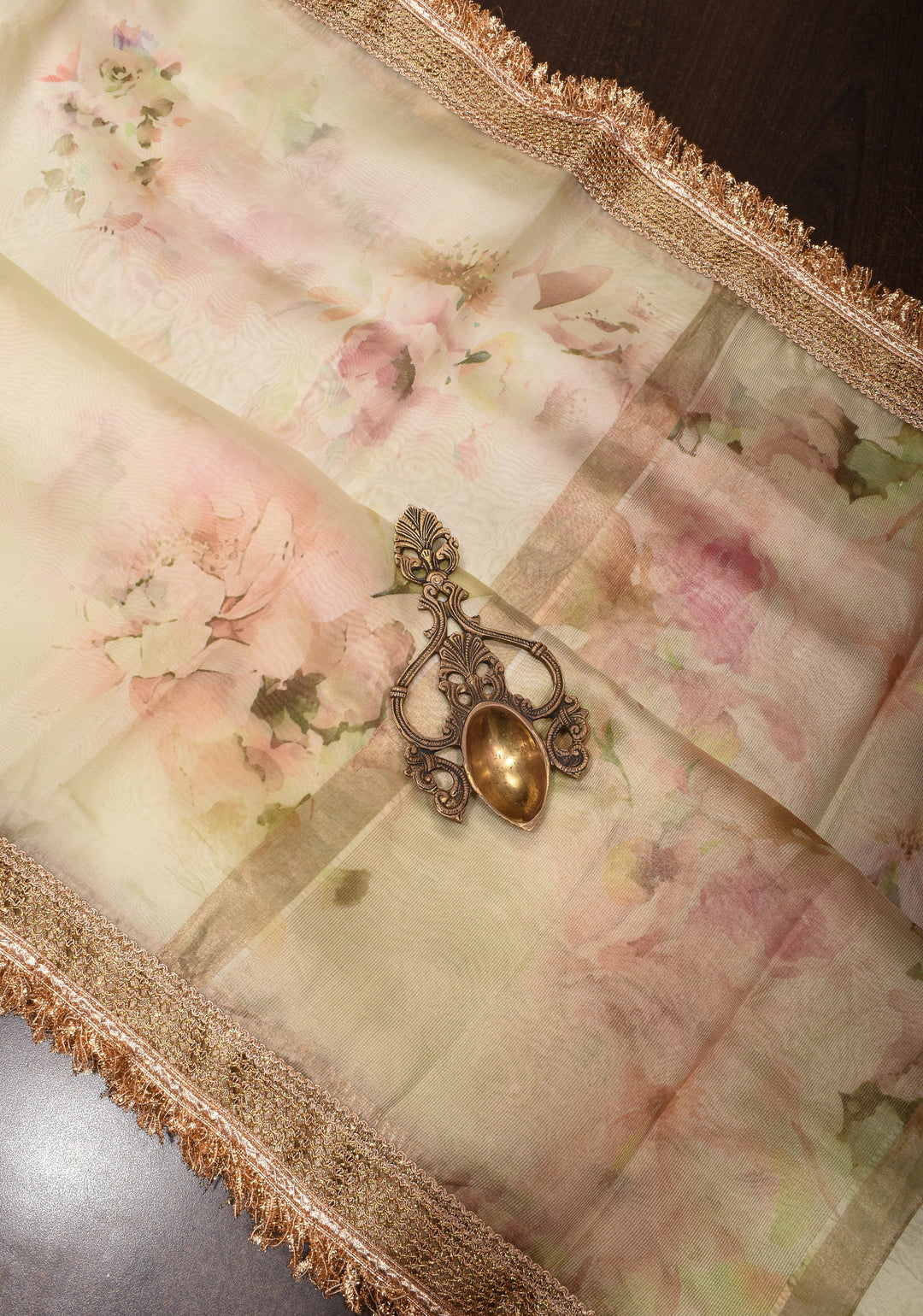 Pure Organza Silk Saree in Off-White with Floral Digital Print and Lace Trim Border | SILK MARK CERTIFIED