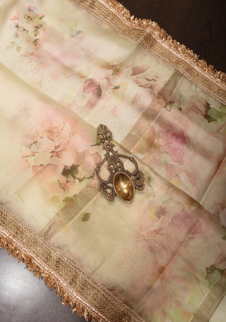 Pure Organza Silk Saree in Off-White with Floral Digital Print and Lace Trim Border | SILK MARK CERTIFIED