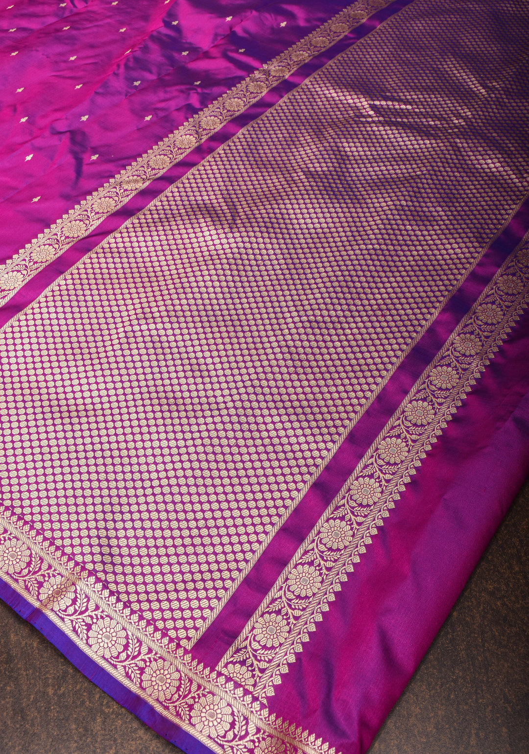 Exquisite Lightweight Banarasi Silk Saree in Royal Fuchsia with Dainty Buttas and Refined Contrast Resham Border| SILK MARK CERTIFIED