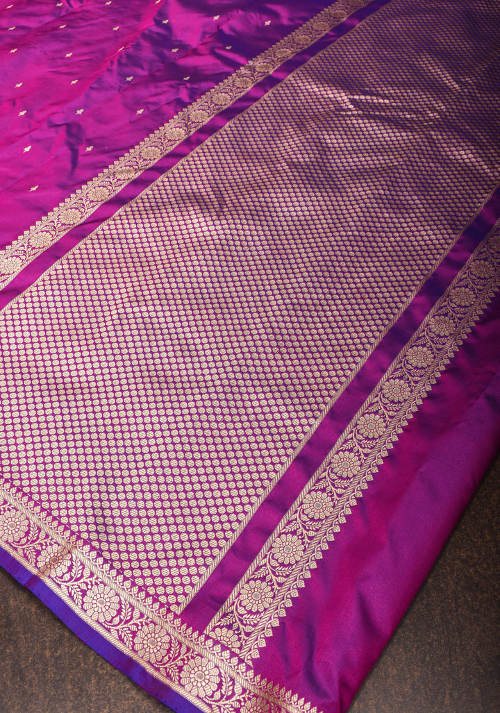 Exquisite Lightweight Banarasi Silk Saree in Royal Fuchsia with Dainty Buttas and Refined Contrast Resham Border| SILK MARK CERTIFIED