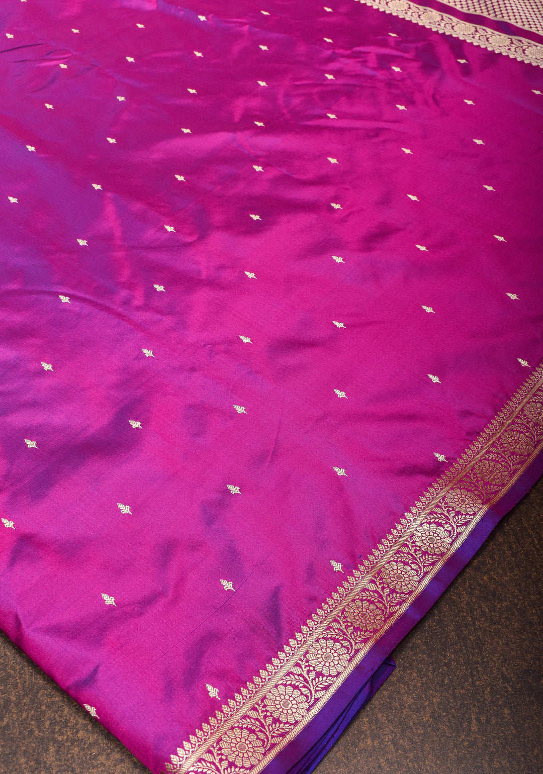 Exquisite Lightweight Banarasi Silk Saree in Royal Fuchsia with Dainty Buttas and Refined Contrast Resham Border| SILK MARK CERTIFIED