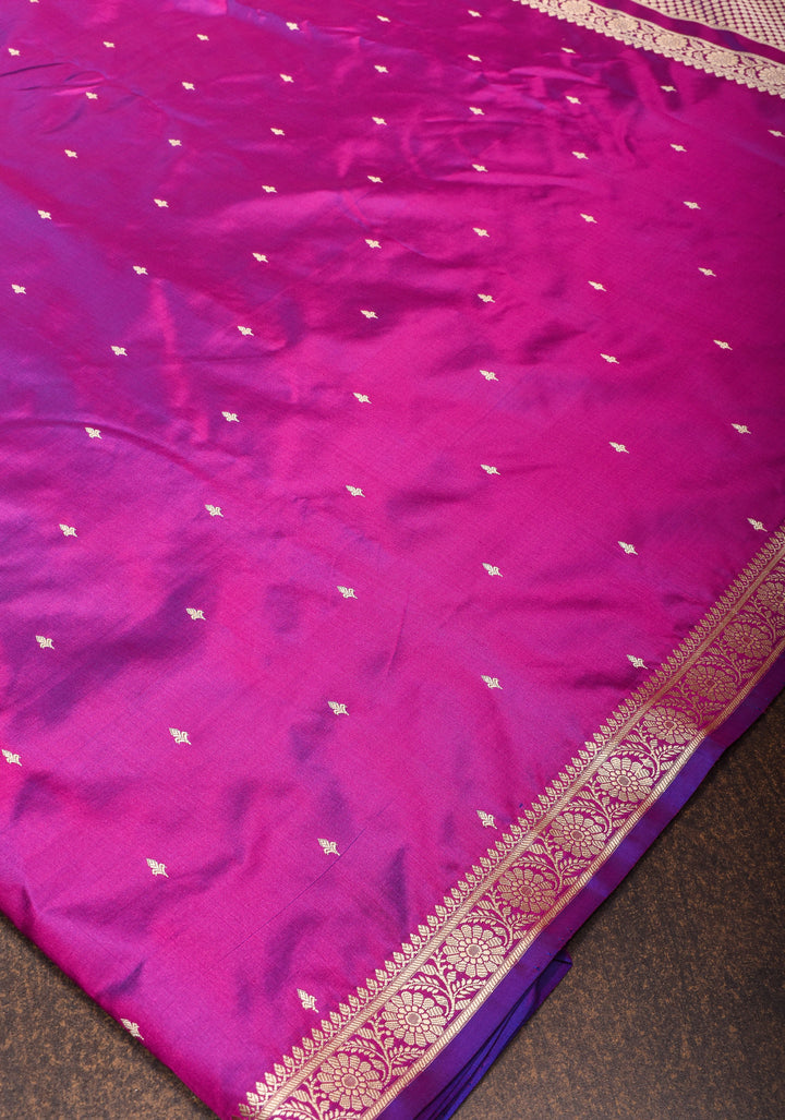 Exquisite Lightweight Banarasi Silk Saree in Royal Fuchsia with Dainty Buttas and Refined Contrast Resham Border| SILK MARK CERTIFIED