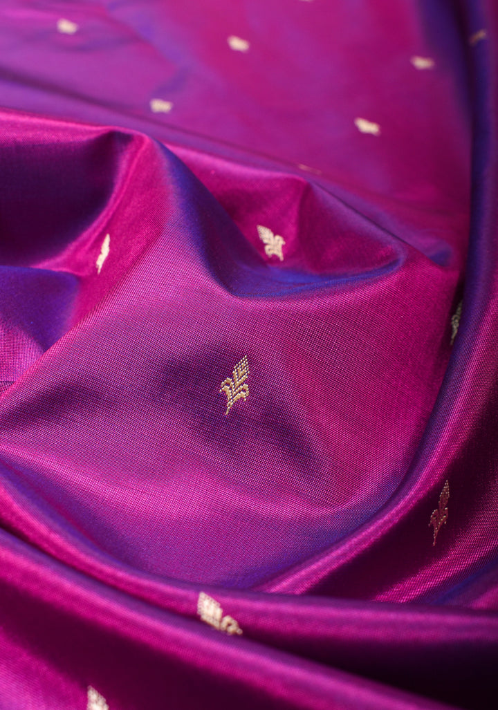 Exquisite Lightweight Banarasi Silk Saree in Royal Fuchsia with Dainty Buttas and Refined Contrast Resham Border| SILK MARK CERTIFIED
