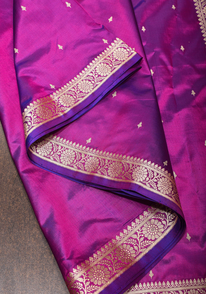 Exquisite Lightweight Banarasi Silk Saree in Royal Fuchsia with Dainty Buttas and Refined Contrast Resham Border| SILK MARK CERTIFIED