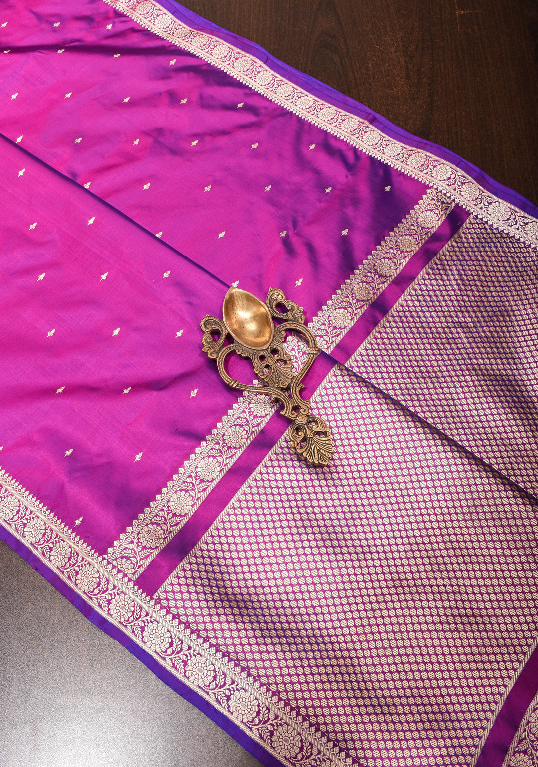 Exquisite Lightweight Banarasi Silk Saree in Royal Fuchsia with Dainty Buttas and Refined Contrast Resham Border| SILK MARK CERTIFIED