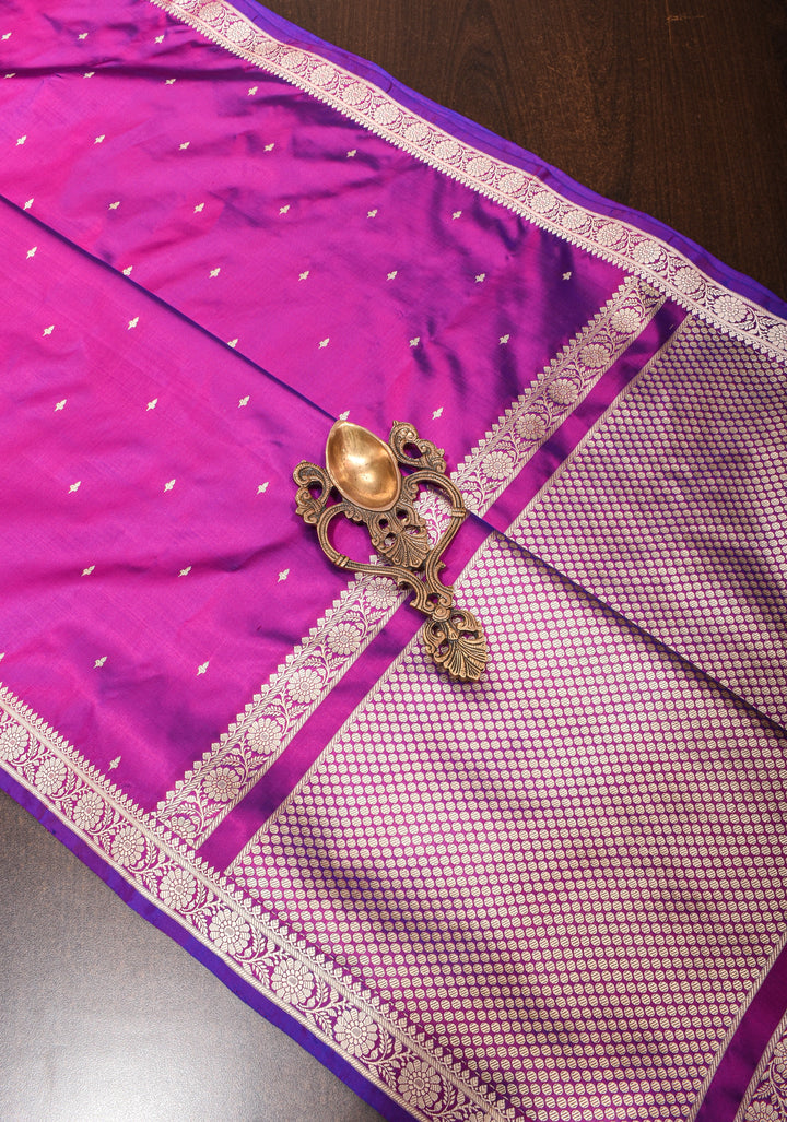 Exquisite Lightweight Banarasi Silk Saree in Royal Fuchsia with Dainty Buttas and Refined Contrast Resham Border| SILK MARK CERTIFIED