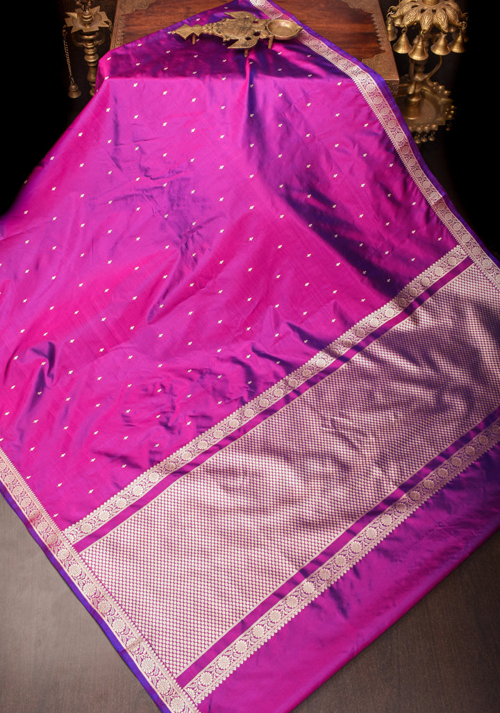 Exquisite Lightweight Banarasi Silk Saree in Royal Fuchsia with Dainty Buttas and Refined Contrast Resham Border| SILK MARK CERTIFIED